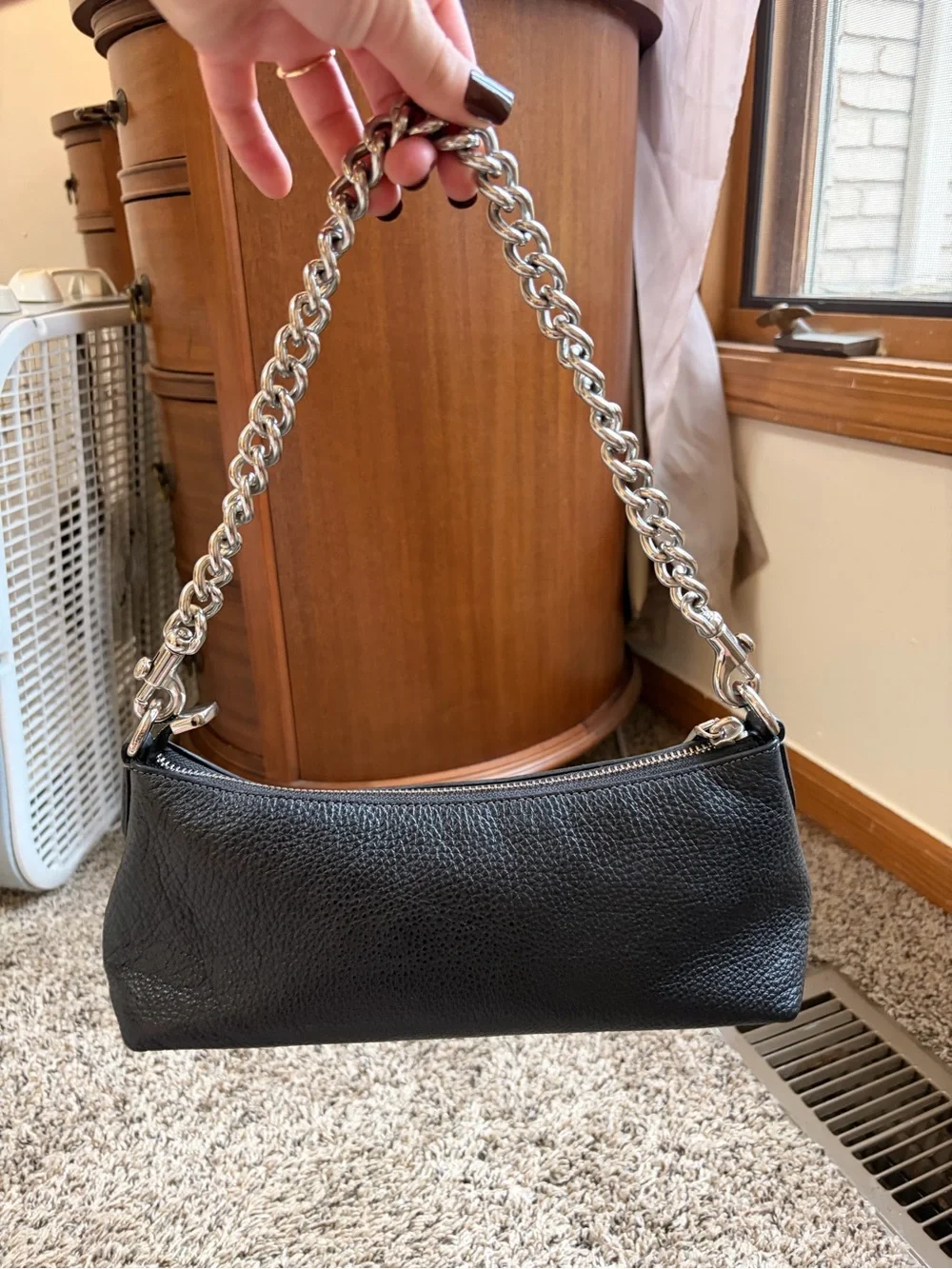 Coach Black Leather Shoulder Bag with Silver Chain